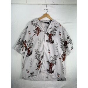 JET Shirt Mens Large White Tiger Bamboo Print‎ Button Up Short Sleeve Asian Art